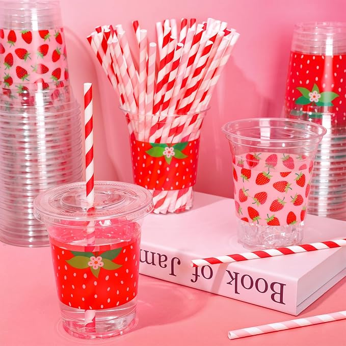 FYSUIMU 50Pcs 12Oz Strawberry Disposable Plastic Cups with Lids and Straws Sweet Fruit Theme Cold Beverage Drinking Cups for Home Kitchen Summer Birthday Supplies