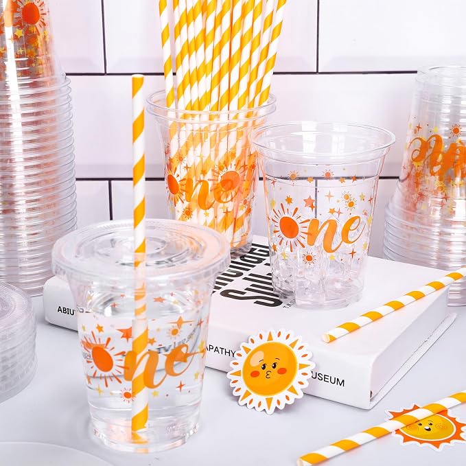 Whaline 50 Pcs One Sun Disposable Plastic Cups with Lids and Straws 12 Oz Boho Sunshine Cold Beverage Drinking Cups for First Birthday Baby Shower Party Supplies