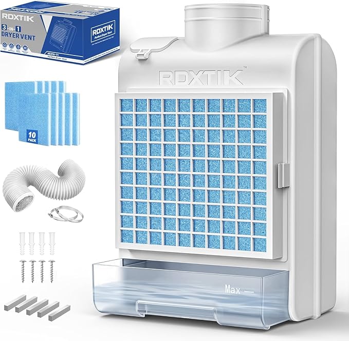 3-in-1 Indoor Dryer Vent Kit, 2026 Upgraded, 10 Pcs Polyester Filters for 4 Layer Purification System, Stainless Steel Screen Filter and Water Drawer For Electric Dryer