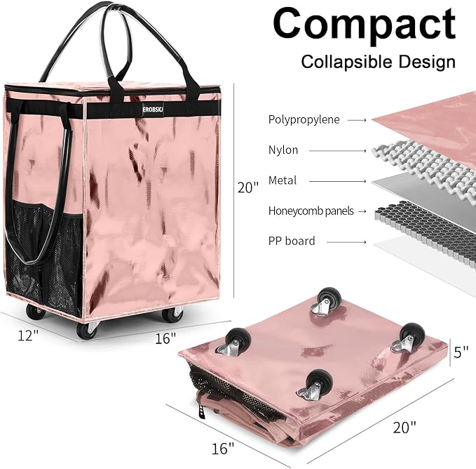 (Medium,Rose Gold) Reusable Grocery Bag on Wheels, 70L Foldable Rolling Tote, Shopping Trolley, Wide Zipper Shopping Carts for Trips, Laundry, Groceries, Camping, Storage,4 Heavy Duty Wheels