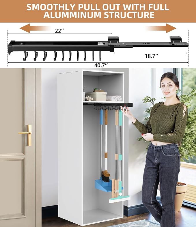 Pull Out Broom Holder With Adjustable Double Row Sliding Hook, Multifunctional Slide Broom And Mop Storage/Organizer Garage Organization Hooks, for Closet Laundry Garage - 56cm/22in