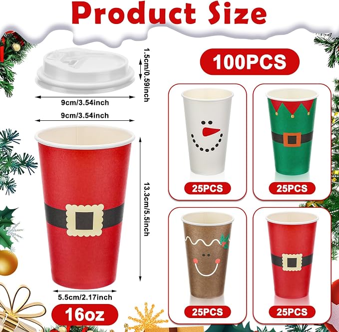 Dandat 16 oz 100 Pcs Christmas Coffee Paper Cups with Lids Disposable Christmas Paper Cups for Hot Cocoa Tea Beverage Holiday Xmas Party Supplies
