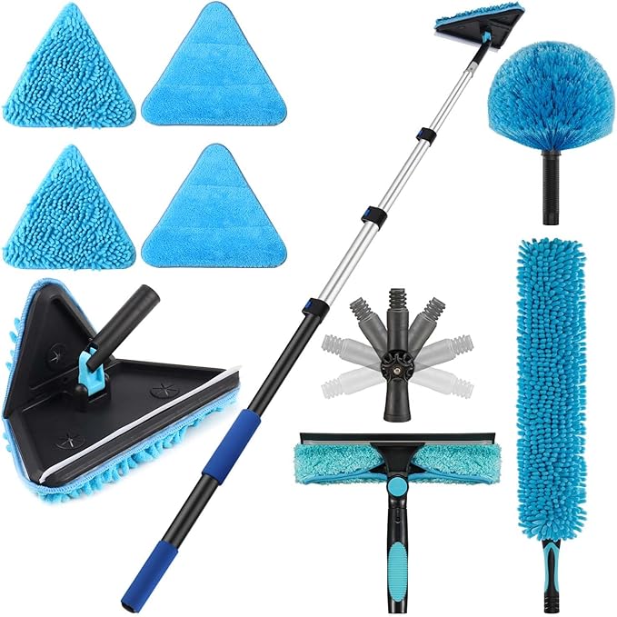 20 Foot Painted Wall Cleaner Mop with 12 Ft Heavy Duty Extension Pole, 3-in-1 High Ceiling Cleaning Tool with 4 Microfiber Chenille Pad, Cobweb Duster, Fan, Baseboard, Window Squeegee Kit (12ft)