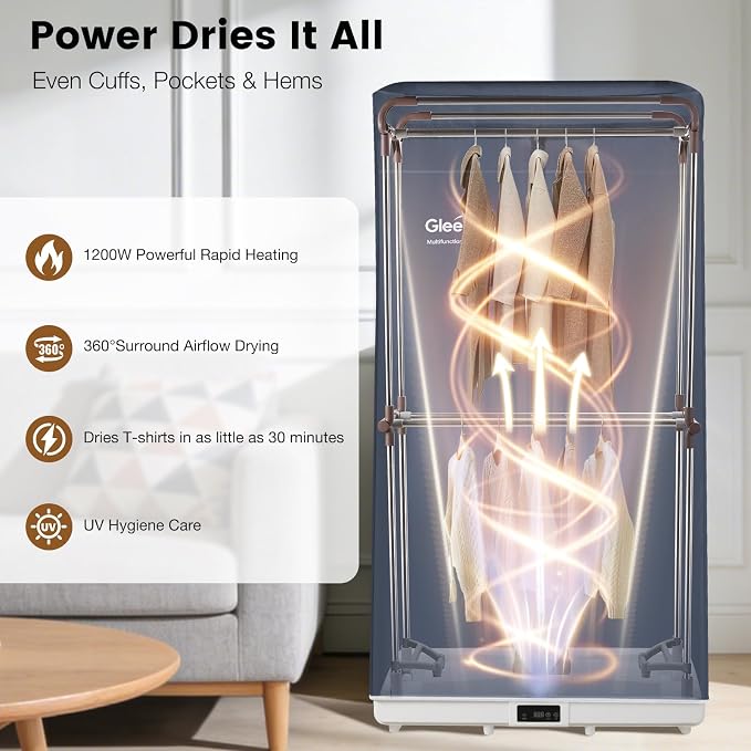 Portable Clothes Dryer Tent, Easy Installation Foldable Compact Electric Dryer Machine, 1200W Quiet Fast Drying with Adjustable Timer, Large Capacity for Apartment, RV, Travel (Blue)