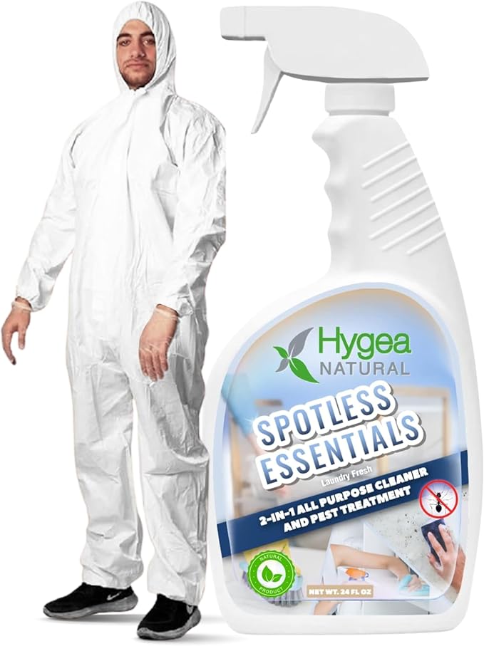 Hygea Natural Spotless Essentials 2-in-1 Lice Spray Treatment & All Purpose Cleaner (Laundry Fresh Scent) 24oz + Disposable Coveralls to Protect Clothing (3X-Large) Bundle