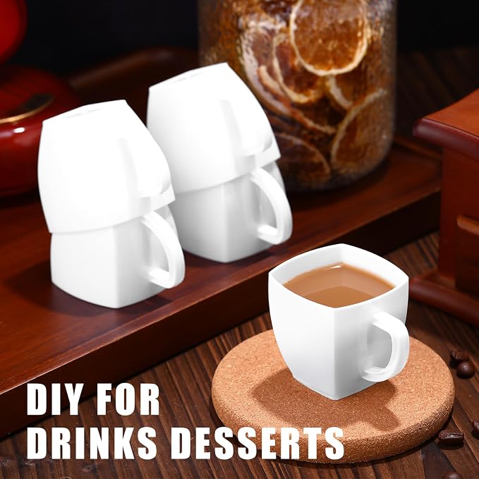 Amyhill 100 Pcs Mini Disposable Tea Cups with Handle, 2oz Hard Plastic Coffee Mug Bulk Plastic Square Disposable Espresso Cups for Wedding Tea Party Catering Dessert Sampling (White)