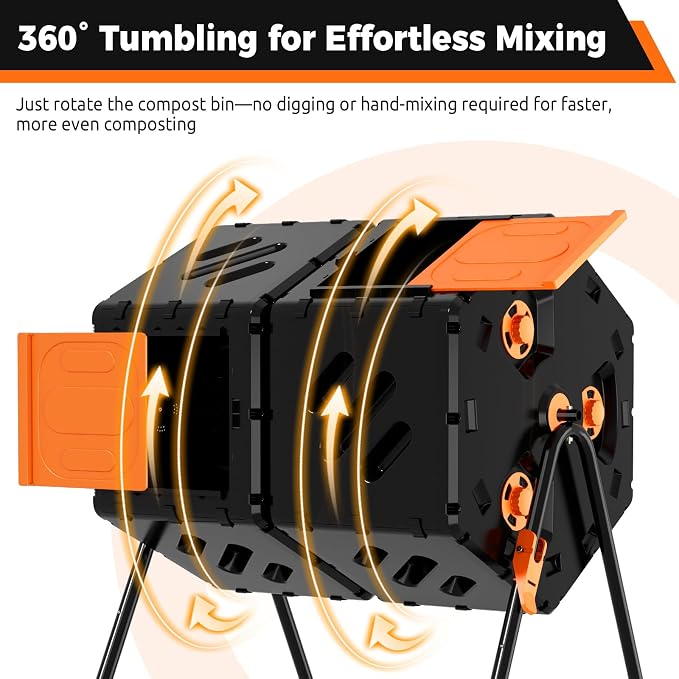 45 Gallon (170L) Compost Tumbler Outdoor, Dual Chamber Compost Bin with 360° Rotating Design, Adjustable Vents, Easy Assembly, Large Openings for Kitchen, Garden & Yard Waste
