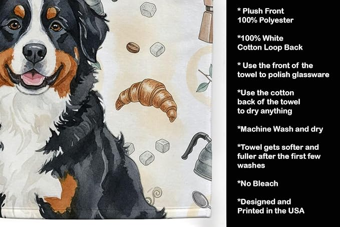 Caroline's Treasures Bernese Mountain Dog Coffee Bar Kitchen Towel Velour Plush Front and Cotton Loop Back Machine Washable