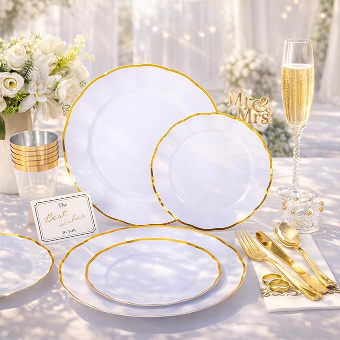 LIYH 350 Pcs White Plates for Wedding Reception Plastic Plates for Party 50 Guest 100 Disposable Plates 150 Gold Plastic Silverware 50 Gold Cups 50 Napkins Perfect for Wedding Birthday
