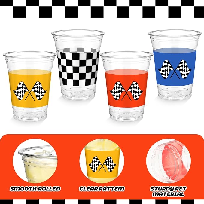 Dandat 100 Pack Race Car Party Plastic Cups 12 oz Blue Red Yellow Checkered Flag Disposable Clear Drinking Cups for If You Ain't First You're Last Birthday Fast One Party Supplies Favors