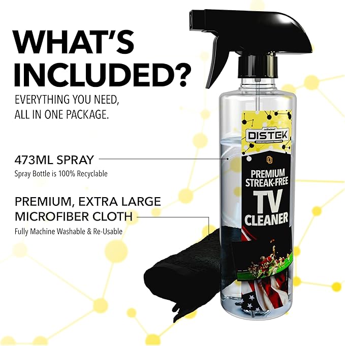 Distek TV Cleaner Spray 473 mL with Large Microfiber Cloth | Made in The USA | Easy Streak-Free Application | Safe for Flat Panel & LCD Displays, Glass Screens, Tablets, Monitors, & iPhones
