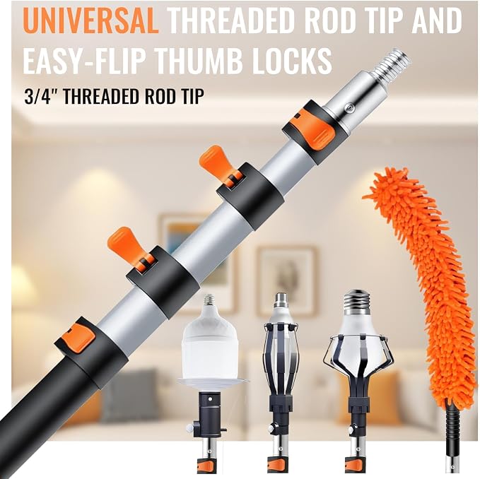 PMMJ Light Bulb Changer for High Ceilings with 26FT Reach, Telescopic Extension Pole for High Ceilings and Recessed Lights (5-20FT) with Baskets, Suction Cup and Duster