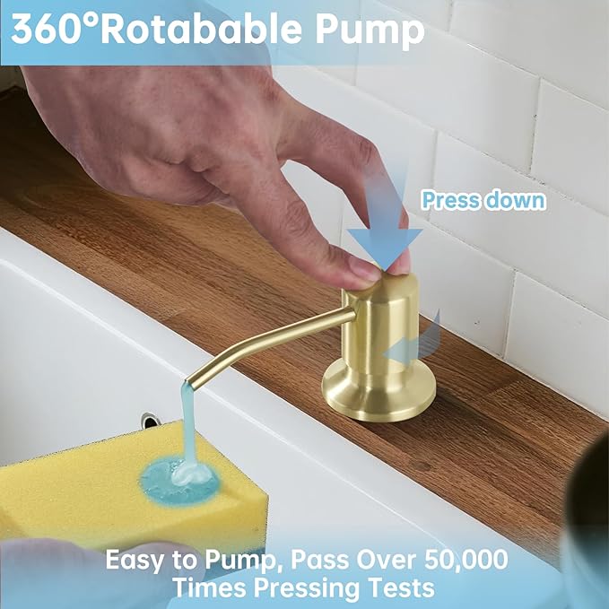 Built in Sink Soap Dispenser with 47'' Tube for Kitchen Sink Brushed Champagne Gold Stainless Steel Pump Head with 17 OZ Bottle