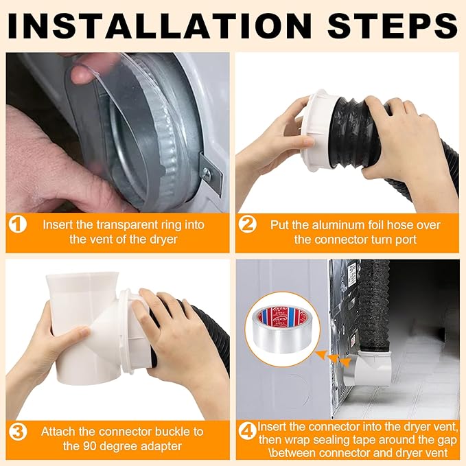 Dryer Vent Hose for Tight Space, 4-Inch Indoor Dryer Vent Kit with Double 90° Elbow, 8.2FT Aluminum Exhaust Hose, Close to Wall Dryer Vent Connector, Black