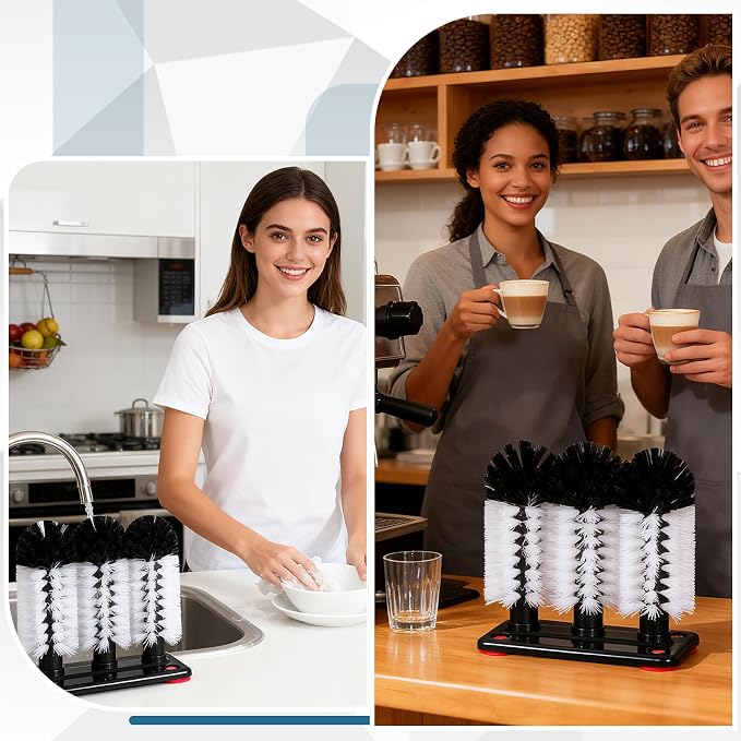 2 Pack Water Bottle Cleaning Brush with Suction Base, 3 Head Bristle Bar Glass Washer for Sink, Glass Cup Washer Brush Cleaner for Beer Cup, Long Leg Cup, Red Wine Glass Bar Kitchen Sink Tools