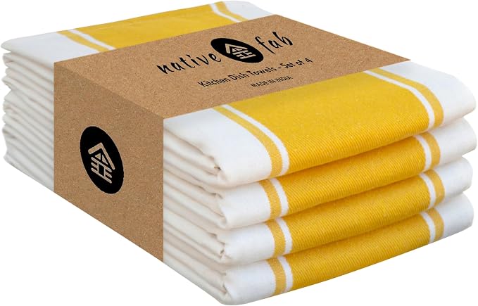 Native Fab Yellow Striped Dish Towels 18"x28", 4 Pack, Wide Stripe, Highly Absorbent, Fast Dry, 100% Cotton Hand Towels for Drying Dishes, Glassware, Dishcloth Set, Kitchen Cleaning Towel - Yellow