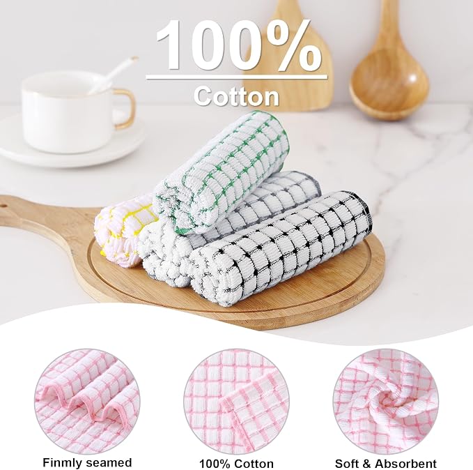 Kitinjoy Cotton 24 Pack Terry Kitchen Dish Cloths, 12 x 12 Inches Super Soft and Absorbent Dish Rags, Quick Drying Dish Towels for Washing Dishes, Multi-Colored