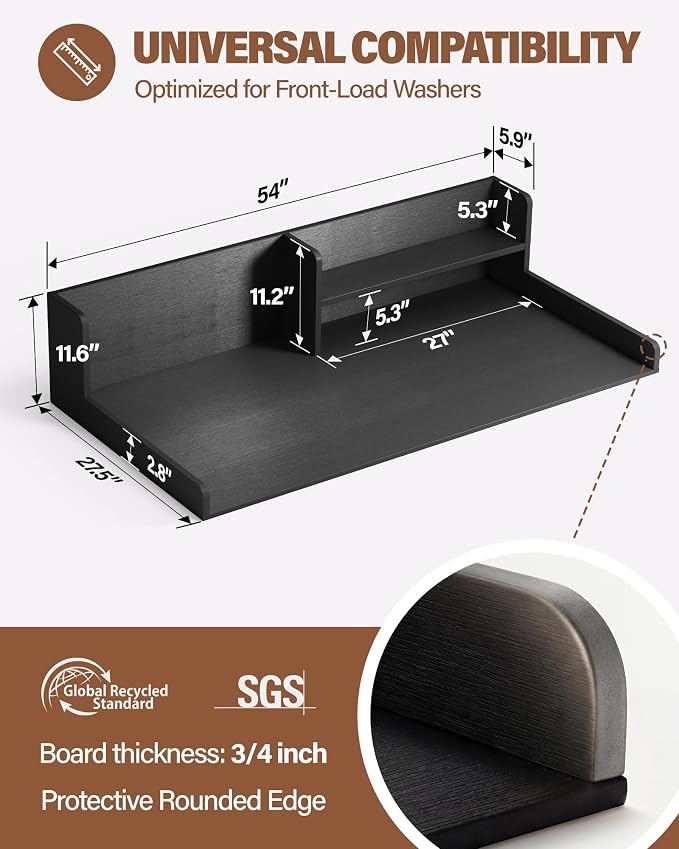 Premium Waterproof HDPE Washer Dryer Countertop with Shelf 54"x27.5" | Durable washer dryer topper for organization, folding clothes, sorting and storage