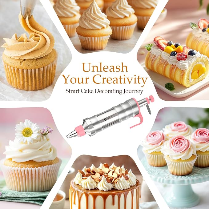 Dessert Decorating Syringe Set Icing Piping Kit Frosting Piping Kit Stainless Steels Cake Decorating Kit with 10 food grade stainless steel piping tips & 50 Disposable Piping Bags, Pink