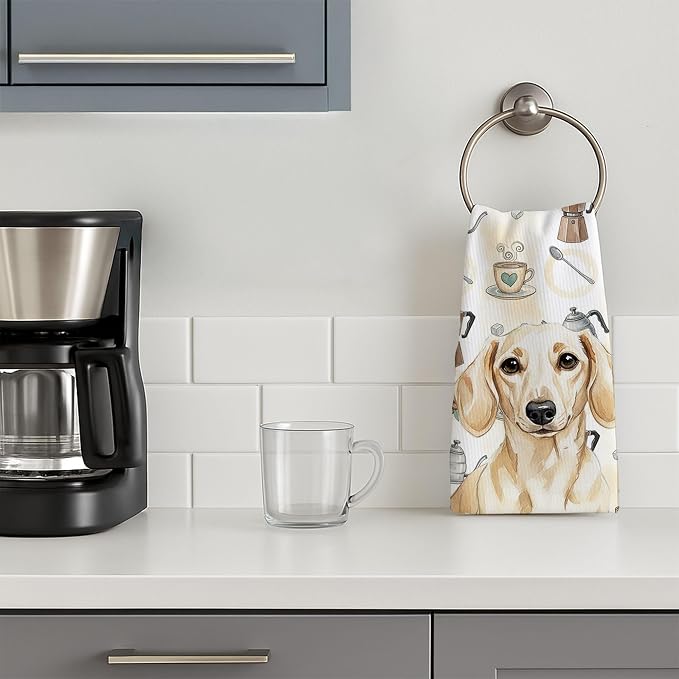 Caroline's Treasures Cream Dachshund Coffee Bar Kitchen Towel Velour Plush Front and Cotton Loop Back Machine Washable