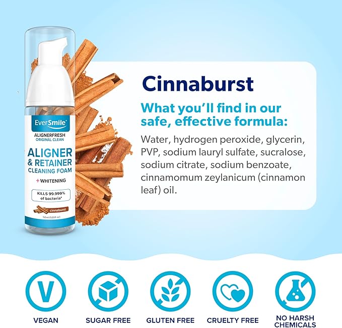 EverSmile AlignerFresh Original Clean Foam – Cleaner for All Clear Aligners & Retainers – Whitens Teeth, Fights Bad Breath – Cinnaburst, 50ml (1 Pack)