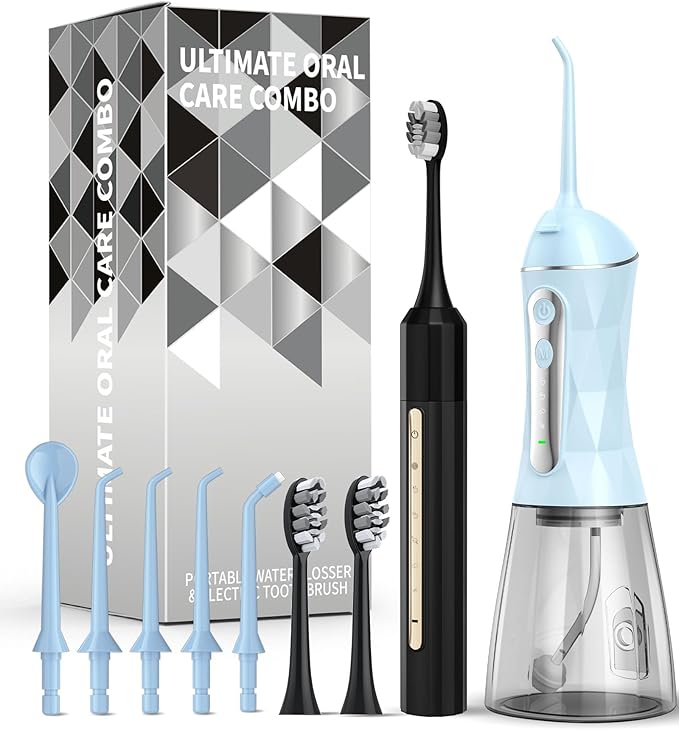 Water Flosser and Electric Toothbrush Combo,2-1 Oral Clean Kit, 5-Speed Sonic Electric Toothbrush & 4-Speed Portable Water Flosser to Clean Teeth and Protect Gum Health, IPX7 (Blue-Set)