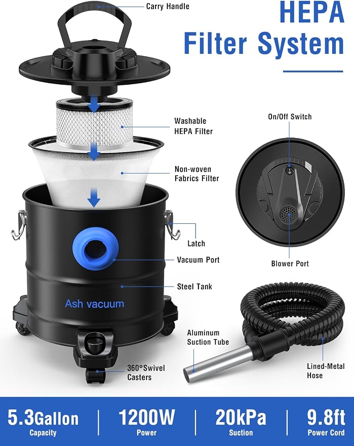 Ash Vacuum, Pellet Stove Vacuum Cleaner, 5.3 Gallon, 20kPa, 1200W Powerful Motor with Blower Function, On Wheels and HEPA Filter, The Ash Vacuum for Pellet Stoves & Wood Stoves