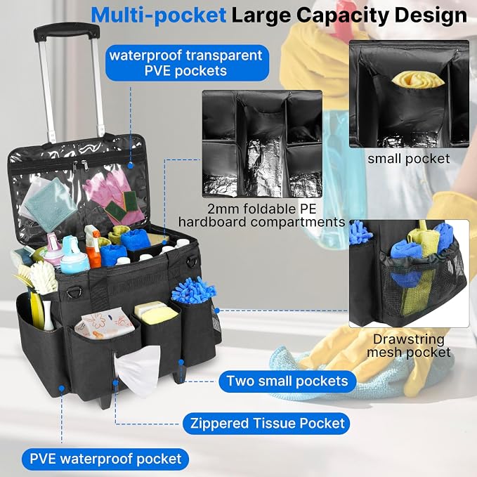 28.5L Large Cleaning Organizer Caddy with Wheels,Cleaning Bags with Detachable Trolley,Cleaning Supplies Bag Built-in Hard Support Board,Waterproof,Multiple Storage Pockets for Housekeepers