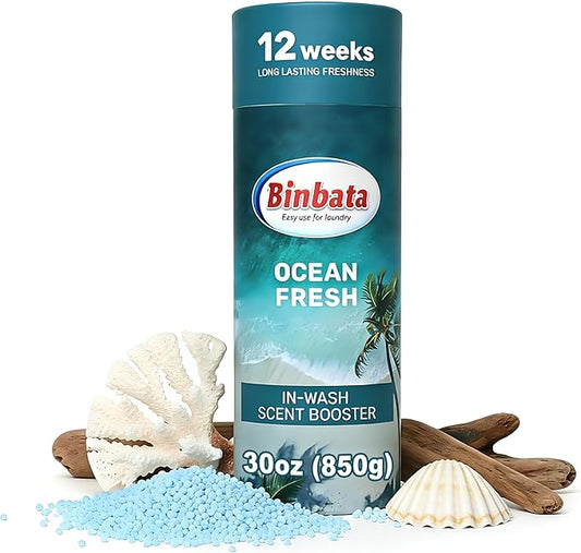Binbata Eco Scent Beads Laundry 30oz, Gentle In‑Wash Scent Booster Beads with Plastic Free Recyclable Package, Up to 85 Washing Cycles for 12 week Long-Lasting Freshness, Ocean Fresh Scent