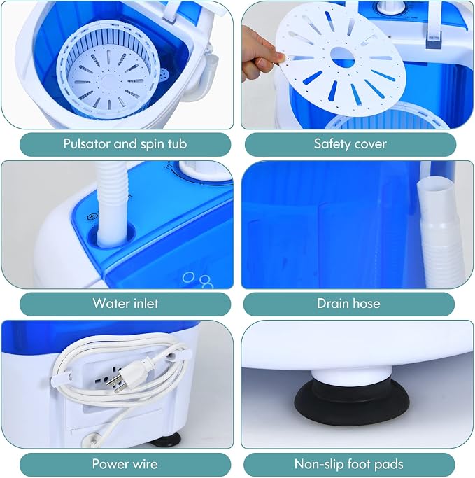 Mini Portable Washing Machine, 5.5 LBS Capacity Washer Machine and Spinner Combo with Spin Tub & Drain Hose, Small Semi-automatic Portable Washer for Apartment Dorm RV (Blue)