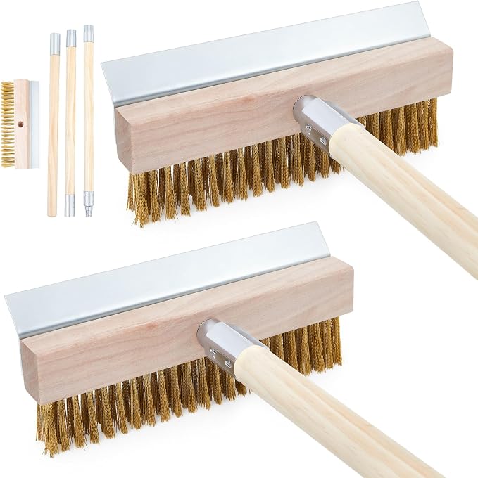 Reallnaive 2 Pack 63 Inch Wood Handle Pizza Oven Brush with Scraper Outdoor Pizza Oven Cleaning Brush Tool, Aluminum Threaded Tip, Brass Bristles with Steel Scraper