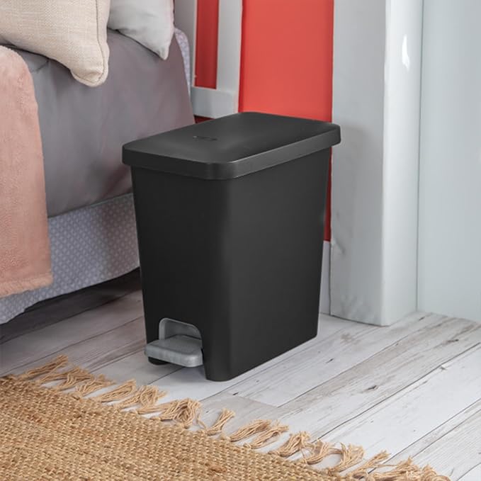 Sterilite 2.7 Gallon Rectangular Step On Kitchen Trash Bin Plastic Indoor Wastebasket with Removable Liner and Bag Holding Feature, Black (4 Pack)