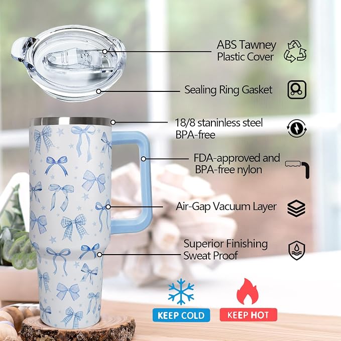 Ceovfoi 40 Oz Blue Bow Tumbler With Handle, Blue Bow Decor Coffee Travel Mug Cup Water Bottle, Gifts for Women Girls