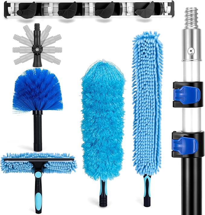 Cobweb Duster with Extension Pole, 20Ft Ceiling Fan Cleaner Duster, High Ceiling Duster Kit with 5-12Ft Telescoping Extension Pole, Long Handle Duster for High Ceilings, Window Washer Kit