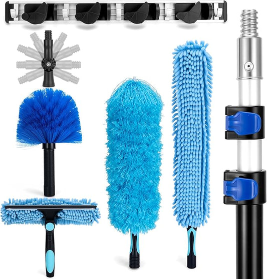 Cobweb Duster with Extension Pole, 20Ft Ceiling Fan Cleaner Duster, High Ceiling Duster Kit with 5-12Ft Telescoping Extension Pole, Long Handle Duster for High Ceilings, Window Washer Kit