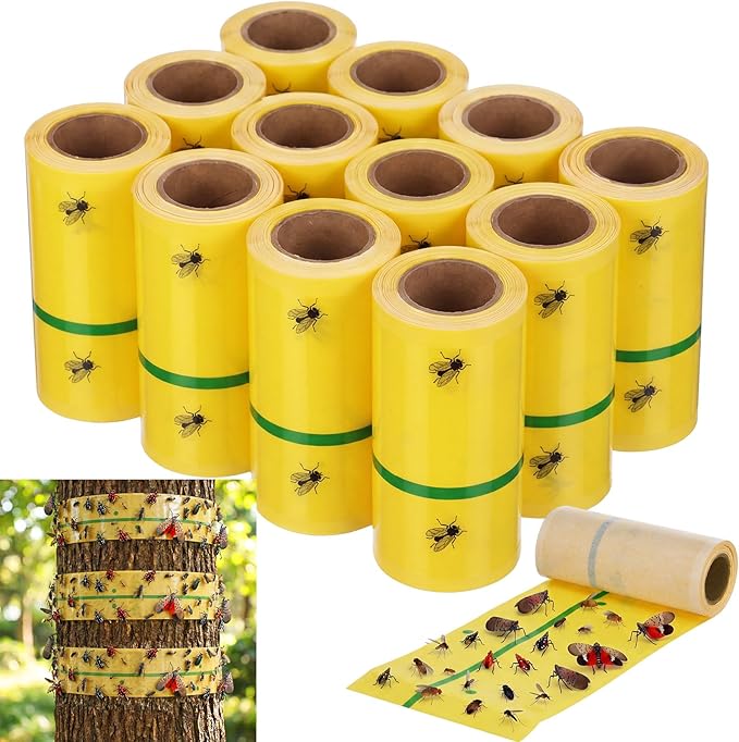 12 Rolls (30 Feet Each) Spotted Lantern Fly Tree Trap Outdoor Fruit Fly Sticky Strips Paper Ant Insect Sticky Barrier Tree Trunk Wraps to Protect Trees Plants, Lawn, Garden(Yellow and Green)