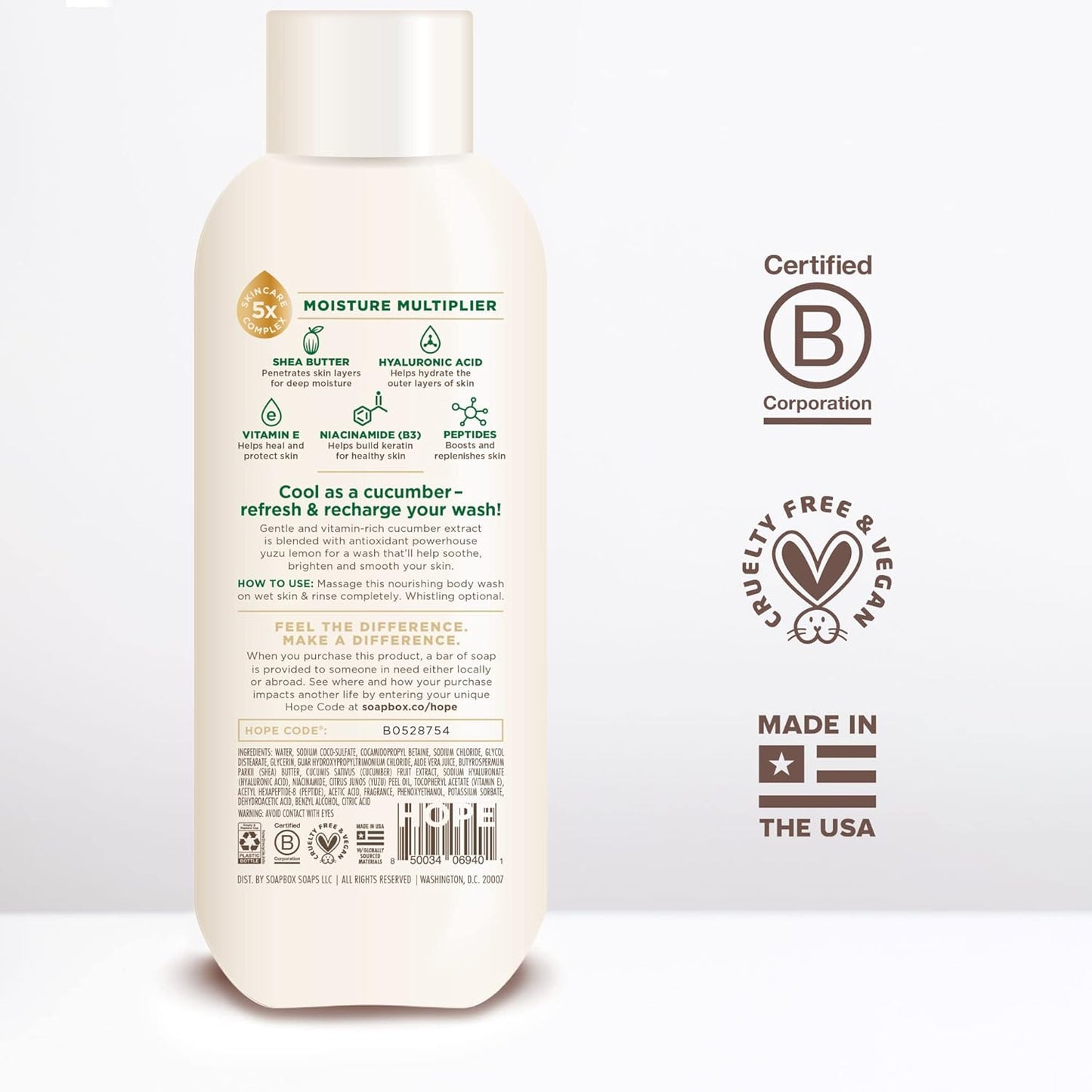 Soapbox Cucumber + Yuzu Lemon Body Wash for Women, Men, Vegan + Antioxidant Rich, Soothing, Moisturizing Soap with Shea Butter, Peptides & Keratin Promoting B3, 3 Pack, 20oz Each