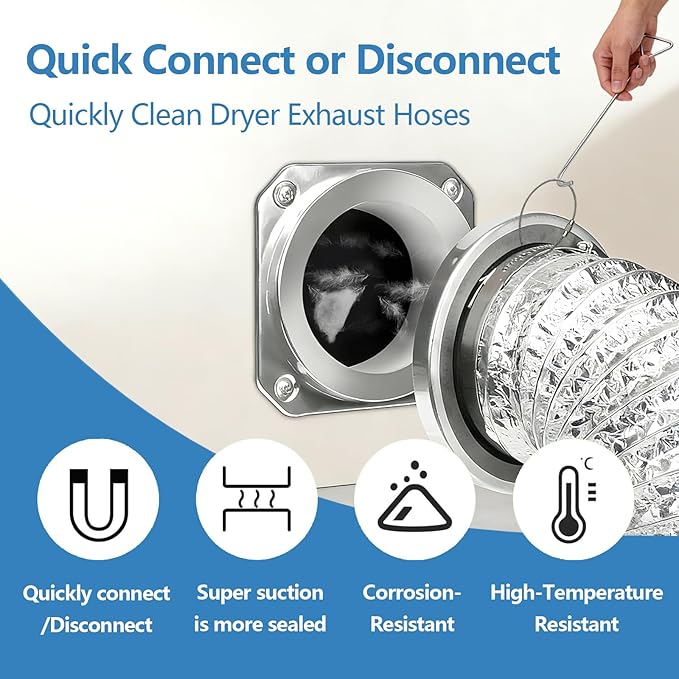 Magnetic Dryer Vent Coupling Connector Kit with Quick-Release Pull Ring – 4"x3.3ft Flexible Duct, 2 Clamps, Fast Cleaning Maintenance