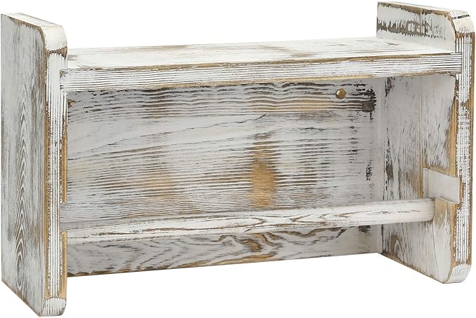 MyGift Farmhouse Paper Towel Holder, Shabby Whitewashed Wood Farmhouse Wall Mounted Kitchen Napkin Dispenser Rack with Top Storage Shelf Spice Racks