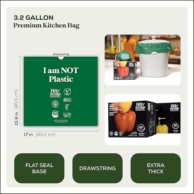 100% Compostable Trash Bags 3.2 Gallon - 60 Pack - Small Drawstring Compost Bags, Eco Friendly Food Scraps Recycling Bag for Kitchen Waste Bin - BPI Certified, OK Compost Home