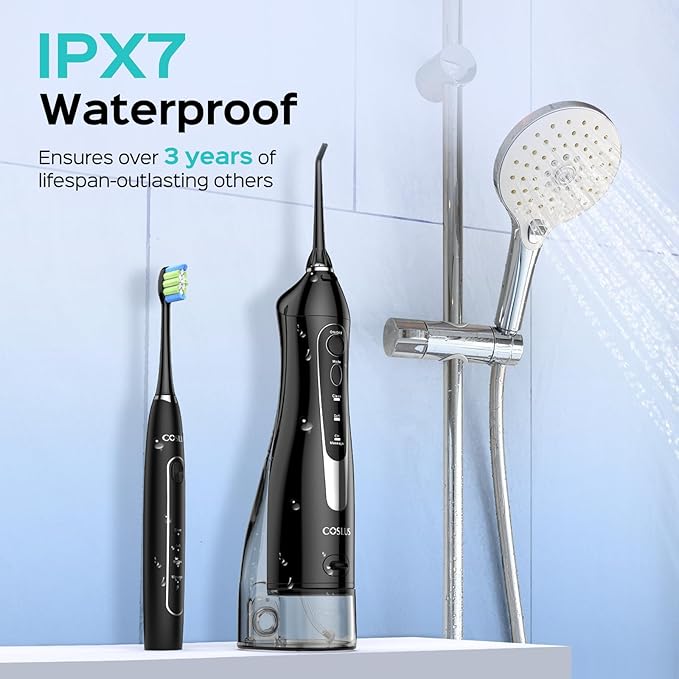 COSLUS C20 & C41 Portable Water Flosser with Electric Toothbrush Combo: 2-in-1 Oral Clean Kit for Teeth, Braces, Gums Care - Brushing & Flossing for Adults, Family, Travel Use, BPA-Free, Black