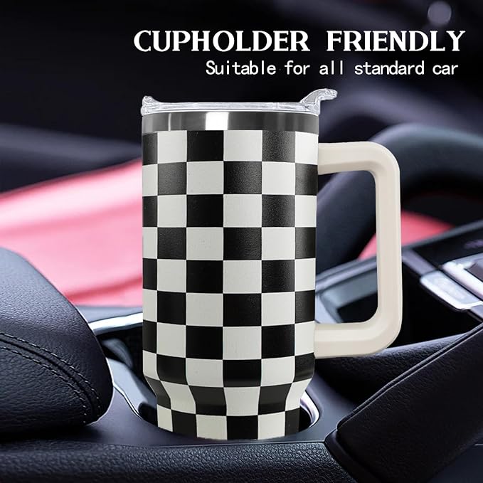 Ceovfoi Black and white Checkered Tumbler with Handle Lid and Straw,40 Oz Checkered Tumbler Water Bottle Travel Coffee Cup Mug,Checkered Gifts for Women Men