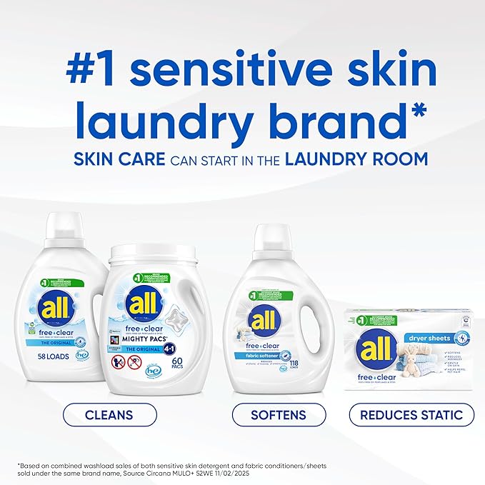 all Laundry Detergent Pacs, Mighty Pacs with OXI Stain Removers and Whiteners, Free Clear, Unscented and Dye Free, 56 Count