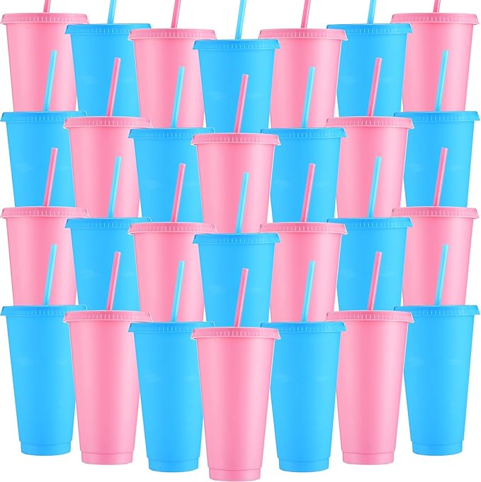 Honeydak 30 Pack Tumbler with Straw and Lid Bulk Cups for Gifts Water Bottle Iced Coffee Travel Mug Cup Reusable Plastic Tumblers for Party Birthdays 24-27 oz (Pink and Blue Color)
