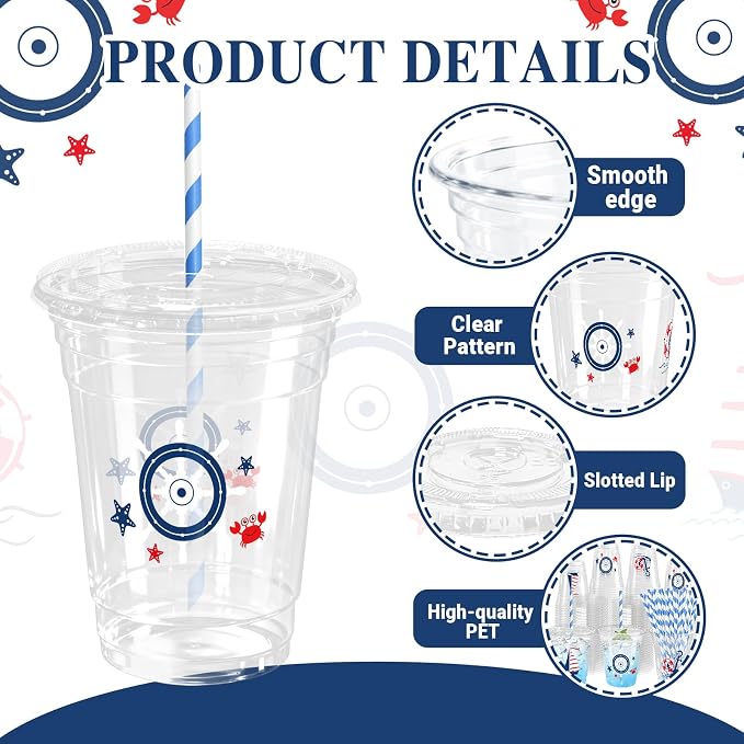 50 Sets Ocean Plastic Cups with Lids Straws 12 oz Blue Starfish Seashell Bow Disposable Cups Clear Under The Sea Drinking Cold Beverage Cup for Summer Beach Party Supplies
