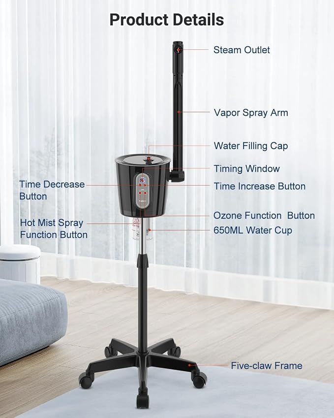 Professional Facial Steamer with Ozone - Ionic Nano Hot Mist Steamer with Large Capacity and 30-Min Timer for Estheticians, Beauty Salons, and Home Skin Care Use