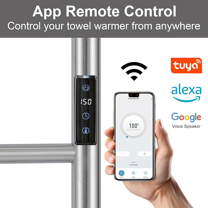Electric Towel Rack with Voice Control for Alexa & Google Home,TUYA-Wall-Mounted Bathroom Heating Towel Warmer,Stainless Steel Material,31.5x20.08x4.41in,Plug-in,Brushed,10 Bars