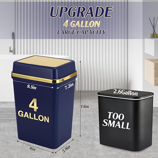Bathroom Trash Can with Lid 4 Gallon Trash Can with Swing Lid Navy Blue Small Garbage Can Bathroom Garbage Can with 300 Counts Trash Bags for Kitchen Bedroom Office