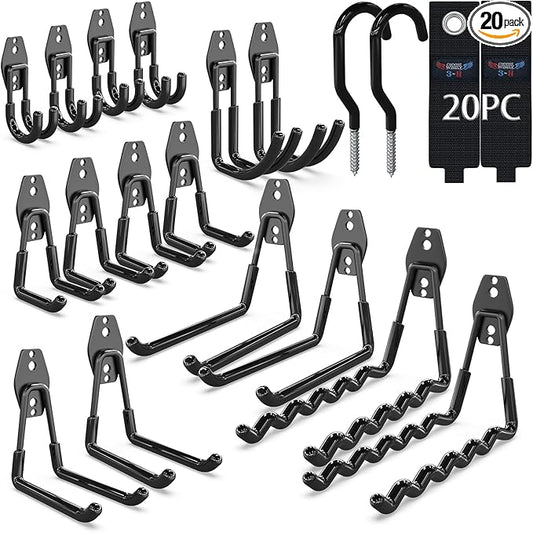 3-H Garage Wall Hooks 20 Pack,Garage Hooks Heavy Duty,Garage Storage Hooks for Hanging and Organizing Garden,Lawn,Yard Tools,Chairs,Ladders,Weed Eater,Shovel,Blower(Black?)