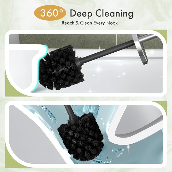 Toilet Bowl Brush and Holder Set 3 Pack with 6 Extra Brush Heads | Extra Long Handle with Splash Guard Cover, Tool-Free Installation, Bathroom Space-Saving, Cleaner Sets for Apartments, RV (Silvery)